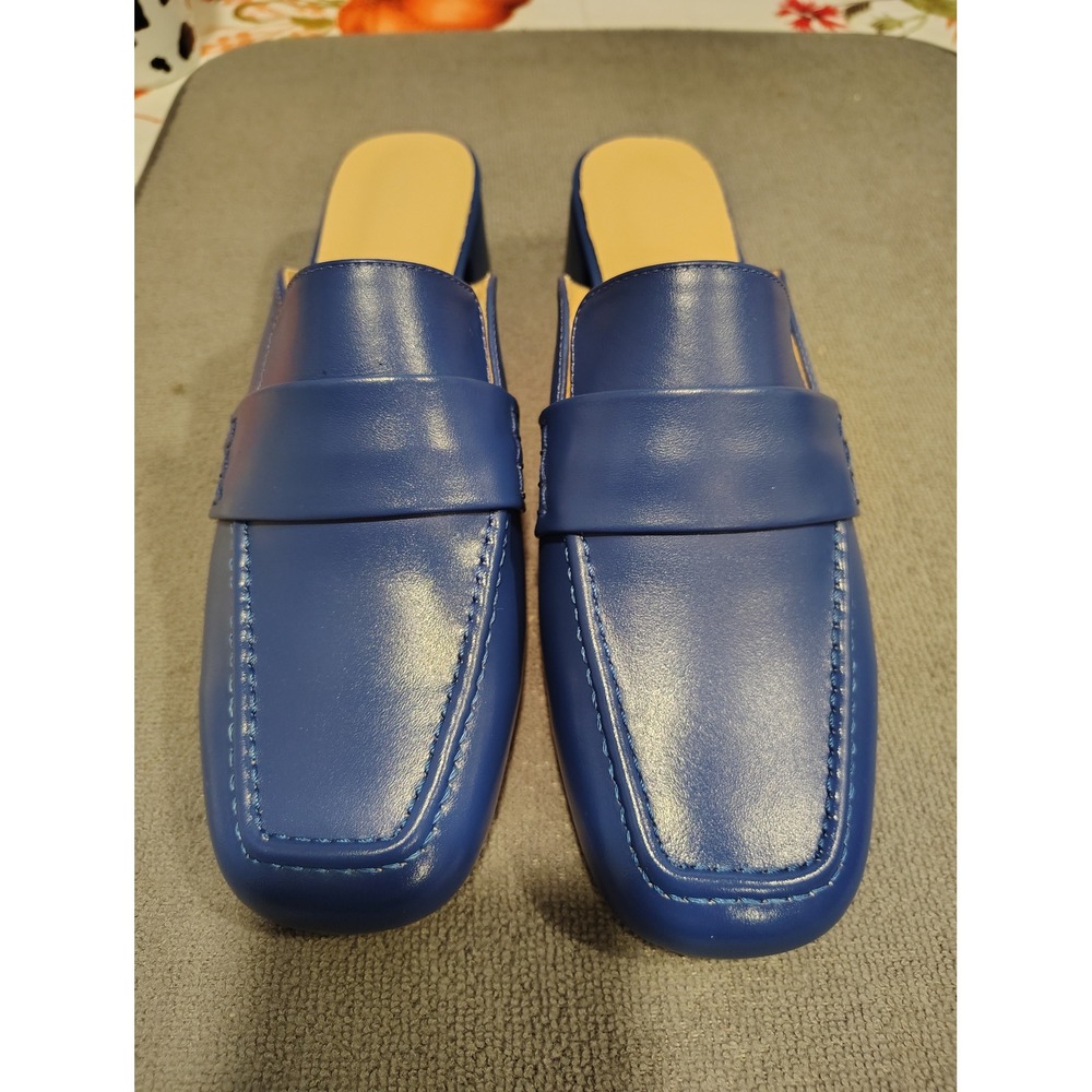 Oneeno Blue Leather Loafer Mules Square Toe Block Heel CSLF3556 Size 9 M